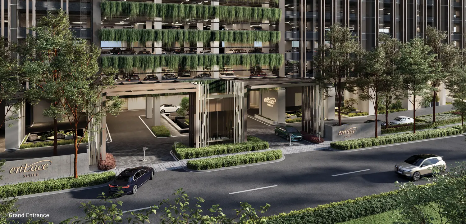 Grand entrance to Enlace Suites with planted facade screens