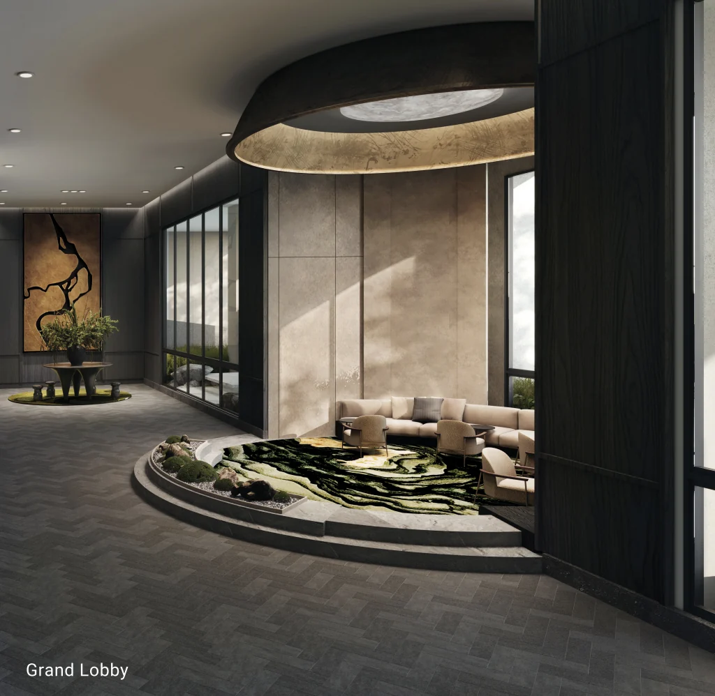 Grand lobby interior at Enlace Suites with timber and stone finishes