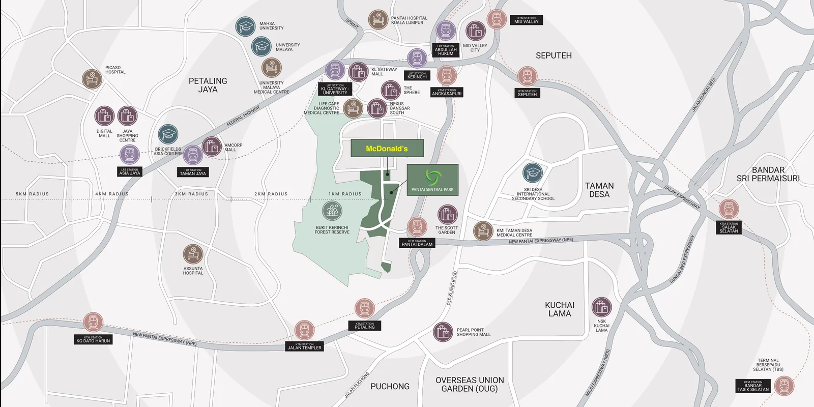 Township location map showing Pantai Sentral Park between Bangsar South, Kerinchi, Petaling Jaya and the Bukit Kerinchi forest reserve