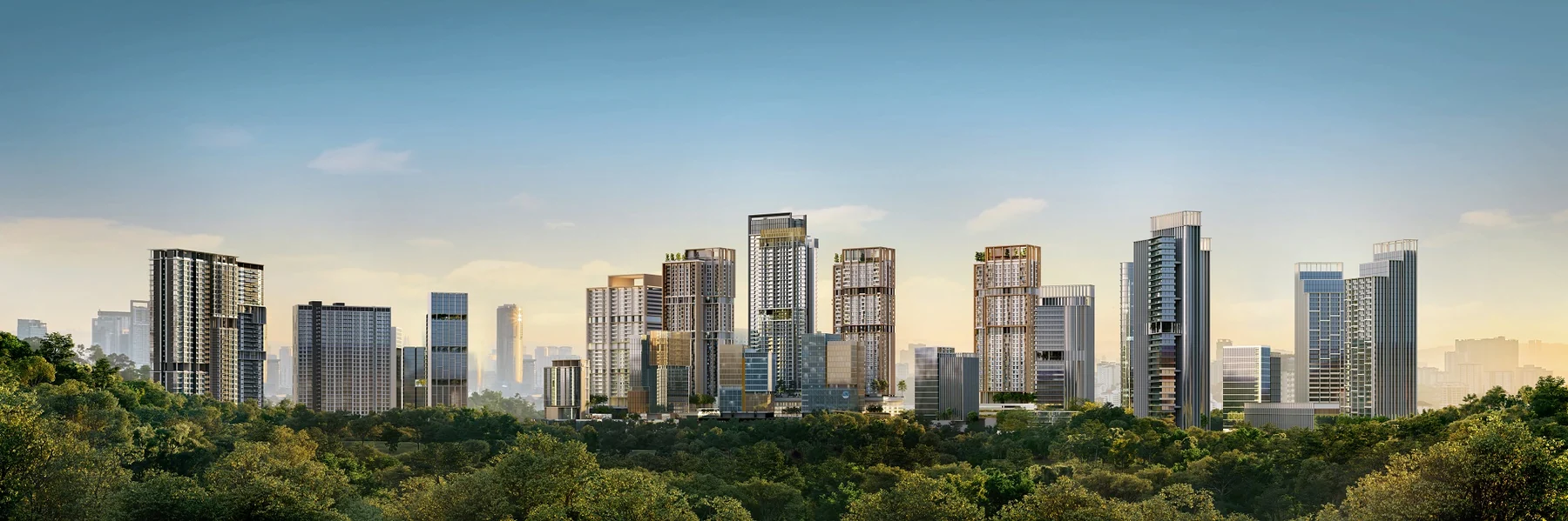 The Pantai Sentral Park towers rising above the Bukit Kerinchi forest canopy at sunrise